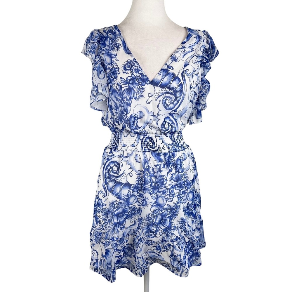 Express Coastal Cowgirl Dress XS Blue White Floral Smocked Waist Ruffle NEW